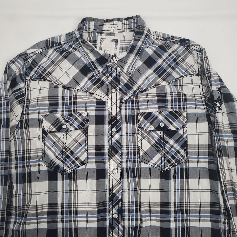 BKE Men's Slim Fit Stretch Blue/Gray Plaid Snap Front Long Sleeve Shirt X-Large - Picture 4 of 12